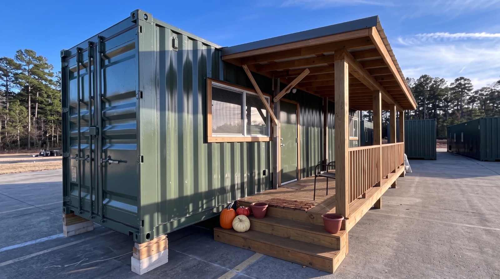 Green container housing unit with covered wood porch