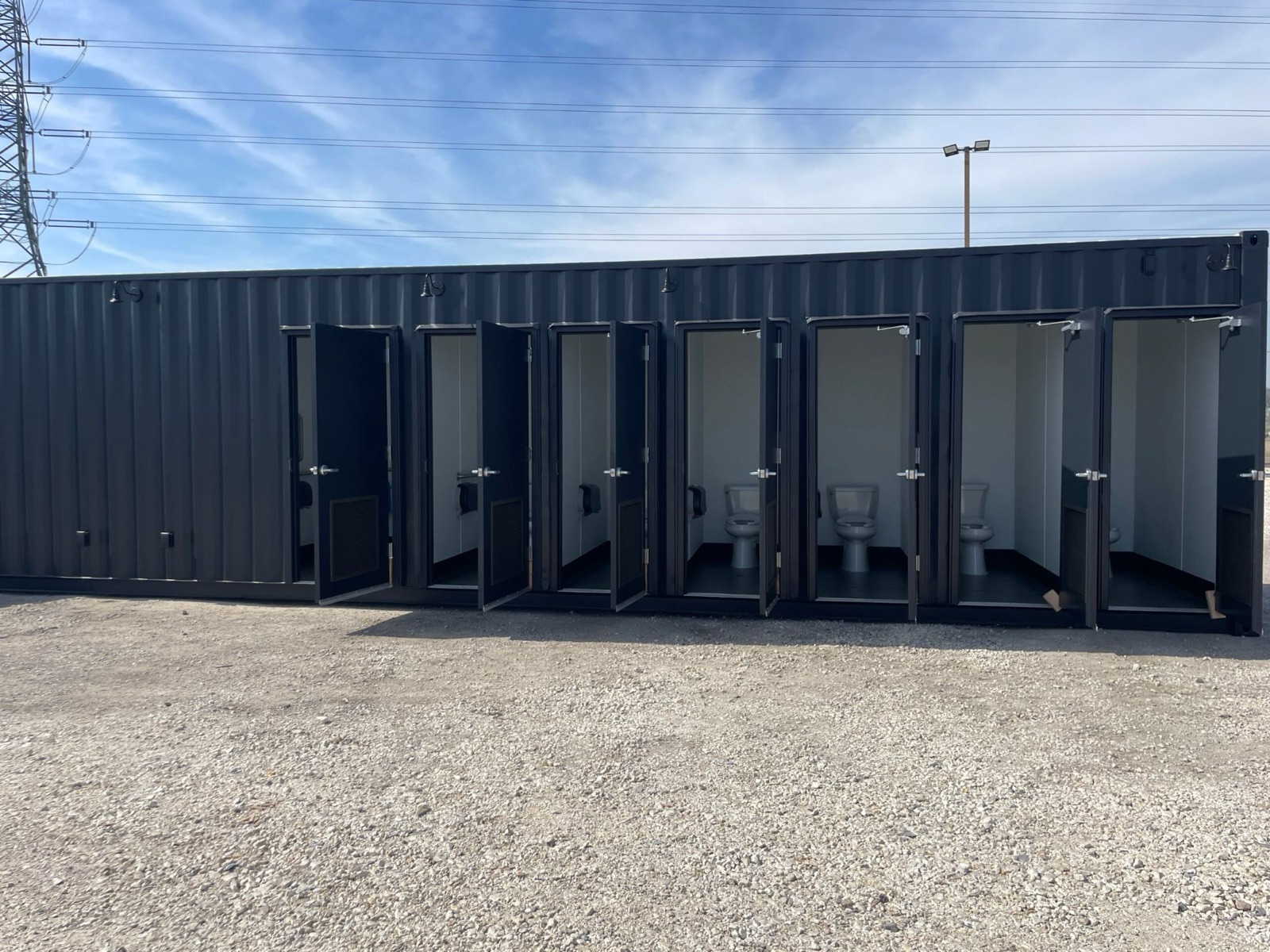 Container restroom block with multiple private stalls